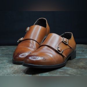 Saks Fifth Avenue Double Monk Tan Leather Dress Shoes